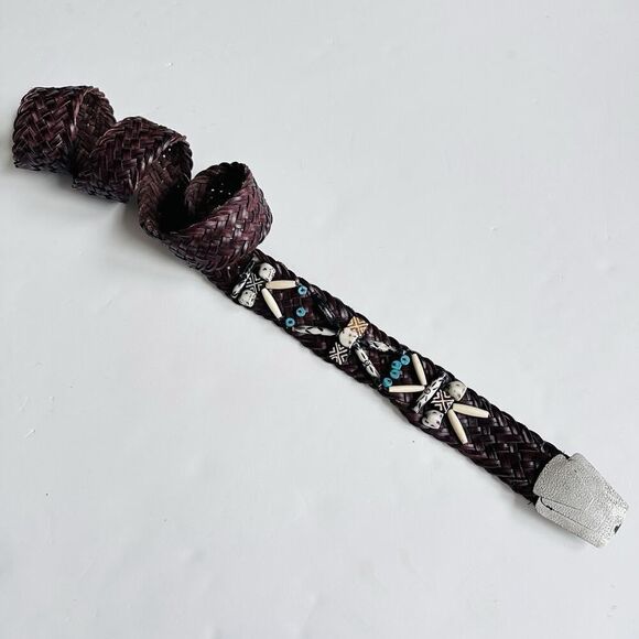 Vintage Braided Leather Belt Womens M/L Brown Shells Turquoise Indie Boho Hippie - Picture 1 of 10